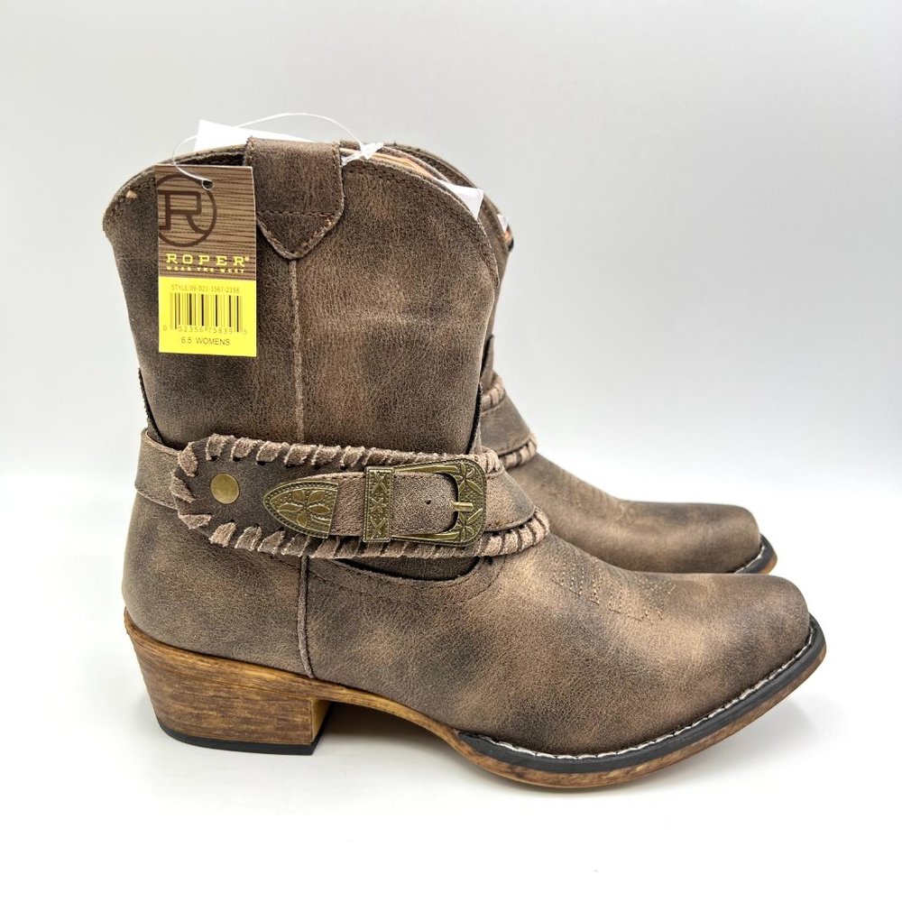 Roper Size 6.5 Nelly Brown Faux Vegan‎ Leather Western Ankle Boots Booties Shoes
